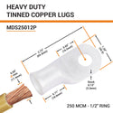 250 MCM, 1/2" Stud, Tinned Copper Battery Cable Ends, Wire Lugs, Marine Grade, MD25012P - 2