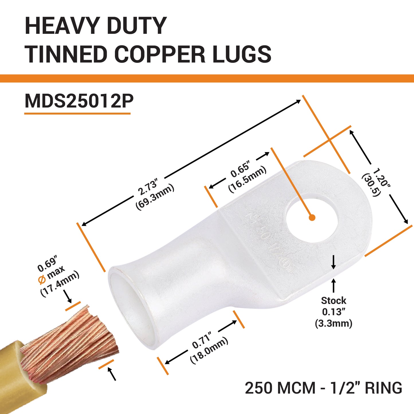 250 MCM, 1/2" Stud, Tinned Copper Battery Cable Ends, Wire Lugs, Marine Grade, MD25012P