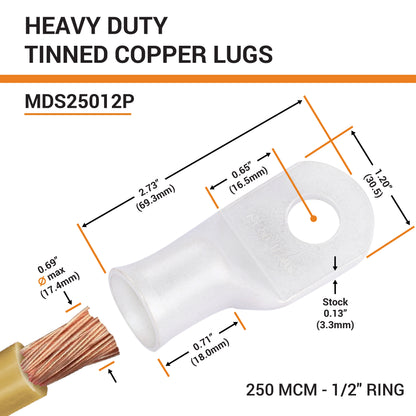 250 MCM, 1/2" Stud, Tinned Copper Battery Cable Ends, Wire Lugs, Marine Grade, MD25012P