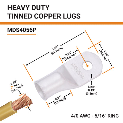 4/0 AWG (0000 Gauge) 5/16" Stud, Tinned Copper Battery Cable Ends, Wire Lugs, Marine Grade, MD4056P