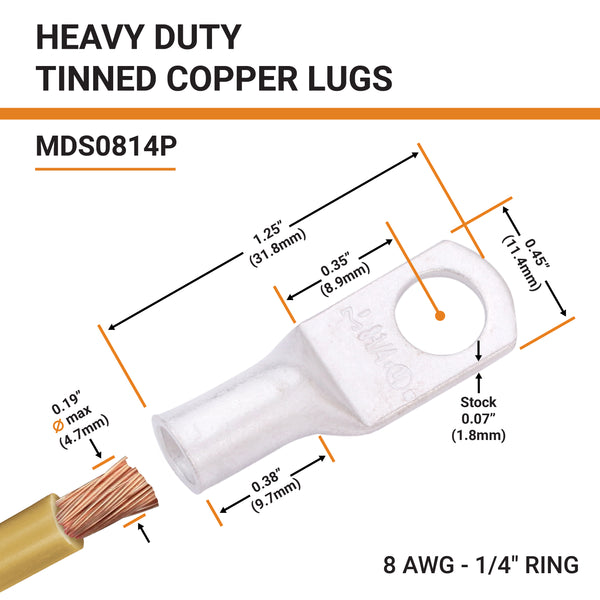 8 AWG, 1/4" Stud, Tinned Copper Battery Cable Ends, Wire Lugs, Marine Grade, MD0814P - 2