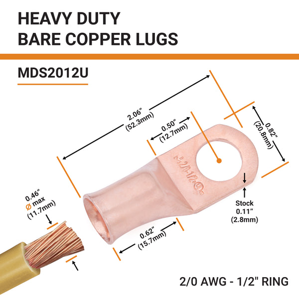 2/0 AWG, 1/2" Stud, Bare Copper Battery Cable Ends, Wire Lugs, Heavy Duty, MD2012U - 2