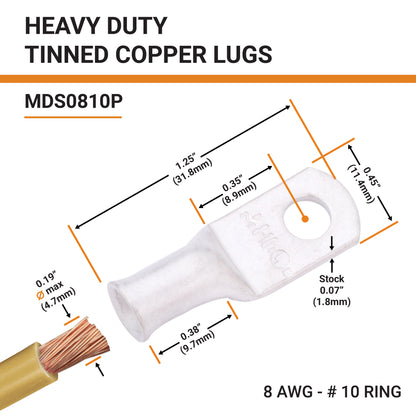 8 AWG (8 Gauge) #10 Stud, Tinned Copper Battery Cable Ends, Wire Lugs, Marine Grade, MD0810P