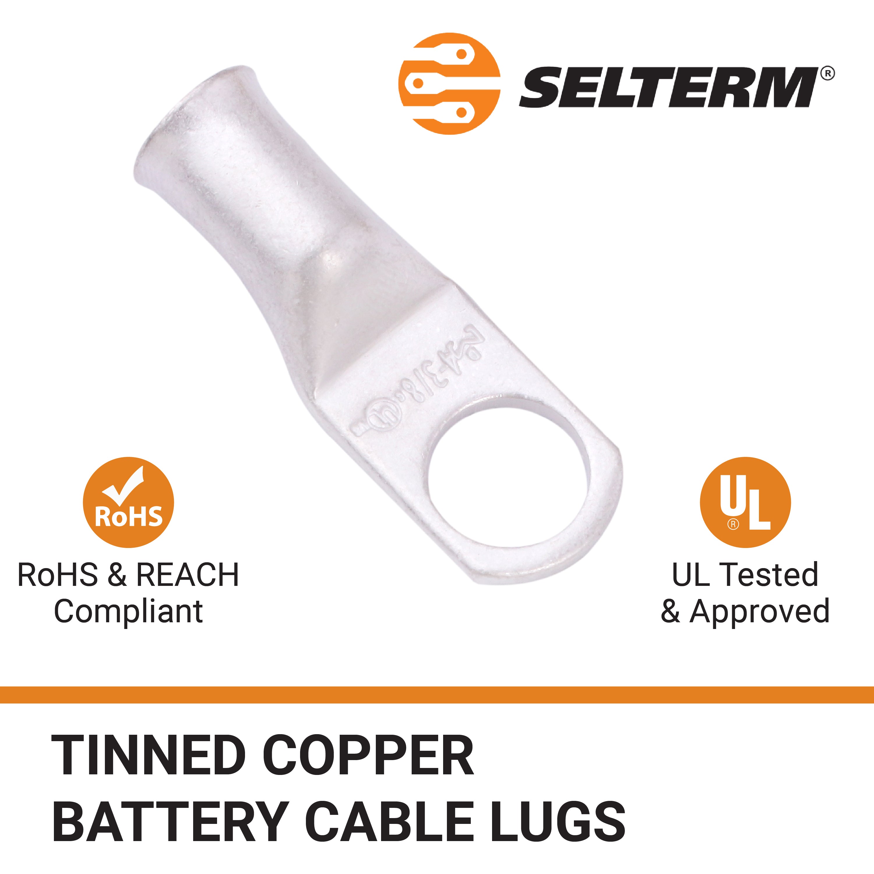 4 AWG, 3/8 Stud, Tinned Copper Battery Cable Ends, Wire Lugs