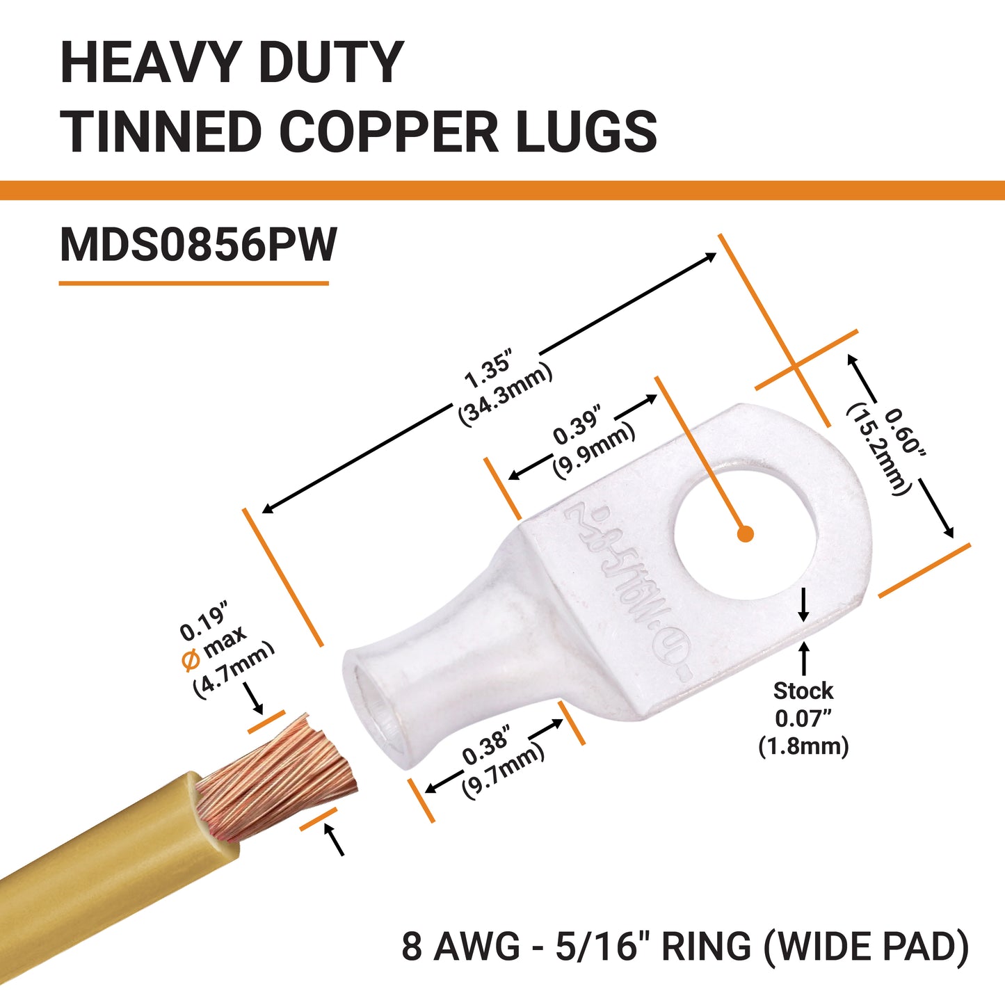 8 AWG (8 Gauge) 5/16" Stud, (Wide Pad) Tinned Copper Battery Cable Ends, Wire Lugs, Marine Grade, MD0856PW