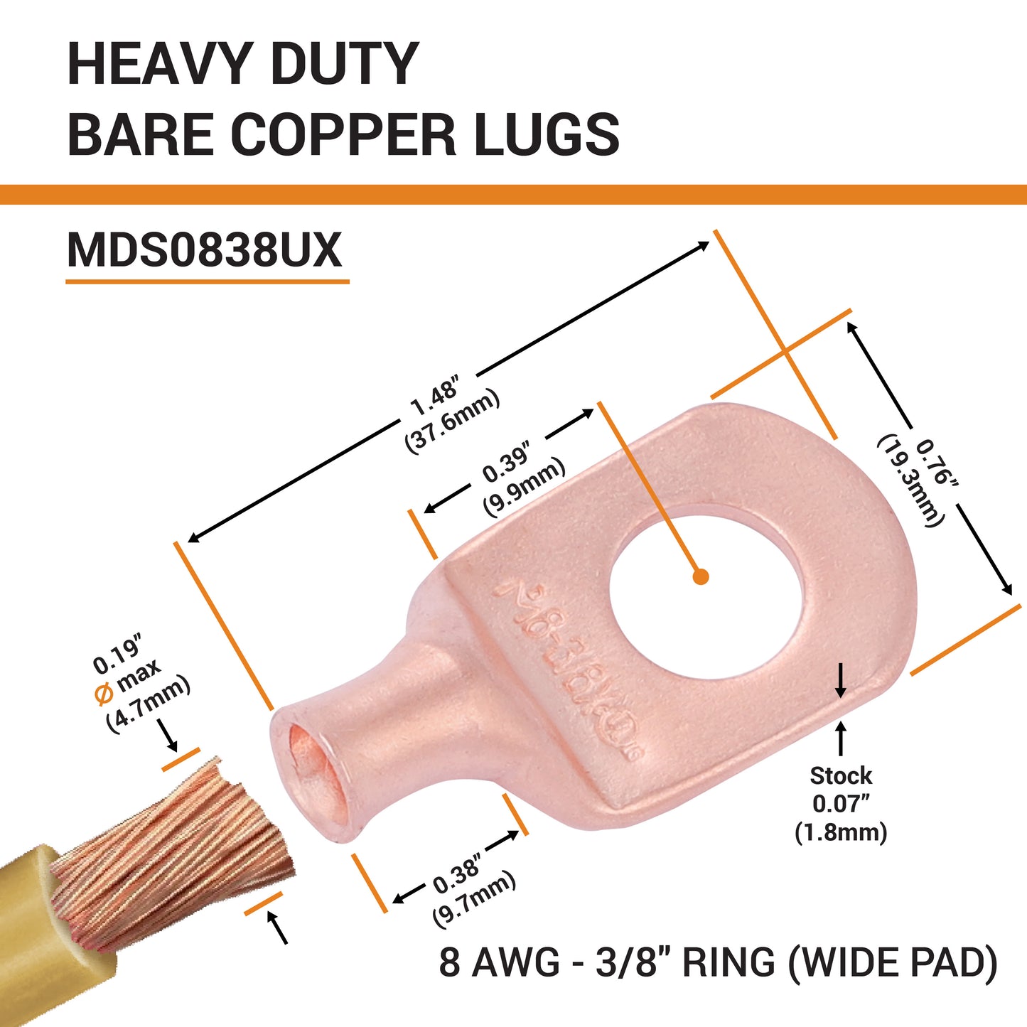 8 AWG (8 Gauge) 3/8" Stud, (Wide Pad) Bare Copper Battery Cable Ends, Wire Lugs, Heavy Duty, MD0838UX