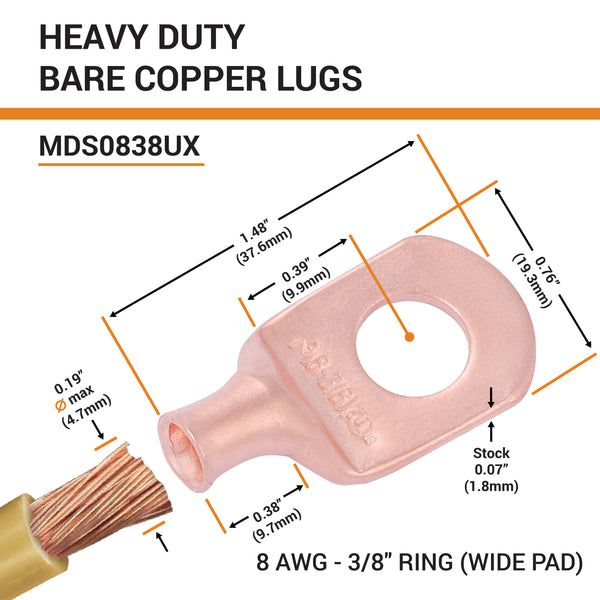 8 AWG, 3/8" Stud, (Wide Pad) Bare Copper Battery Cable Ends, Wire Lugs, Heavy Duty, MD0838UX - 2