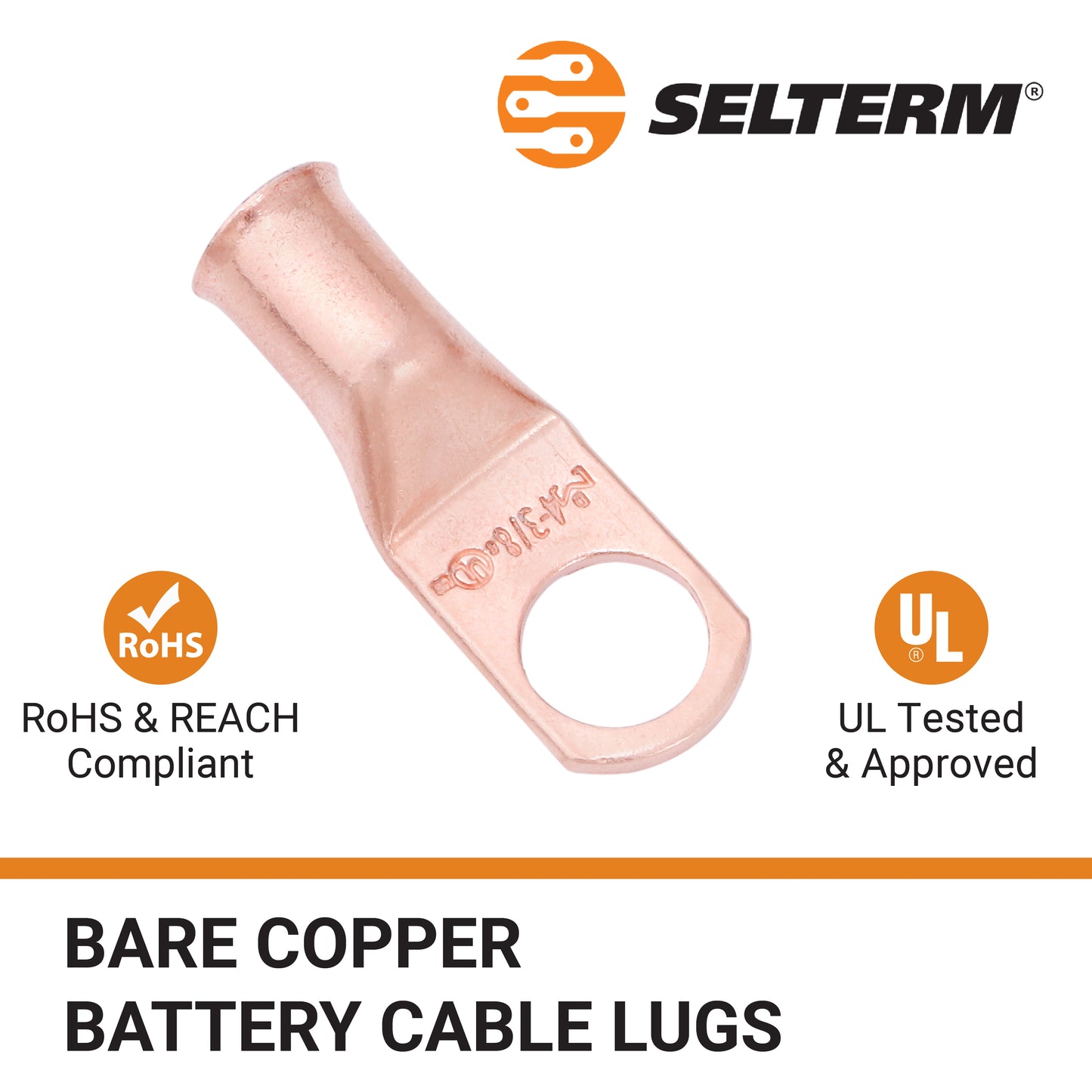 4 AWG (4 Gauge) 3/8" Stud, Bare Copper Battery Cable Ends, Wire Lugs, Heavy Duty, MD0438U