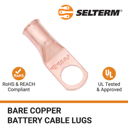 4 AWG (4 Gauge) 3/8" Stud, Bare Copper Battery Cable Ends, Wire Lugs, Heavy Duty, MD0438U