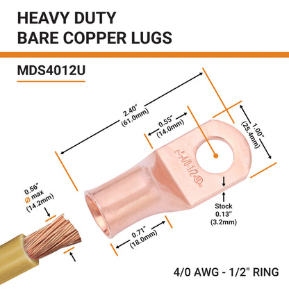 4/0 AWG (0000 Gauge) 1/2" Stud, Bare Copper Battery Cable Ends, Wire Lugs, Heavy Duty, MD4012U