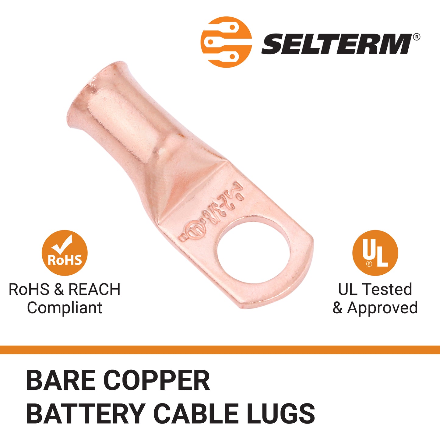2 AWG (2 Gauge) 3/8" Stud, Bare Copper Battery Cable Ends, Wire Lugs, Heavy Duty, MD0238U