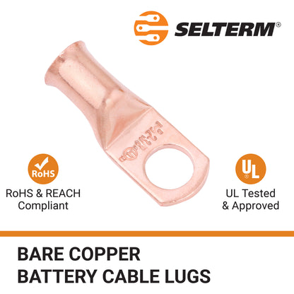2 AWG (2 Gauge) 3/8" Stud, Bare Copper Battery Cable Ends, Wire Lugs, Heavy Duty, MD0238U