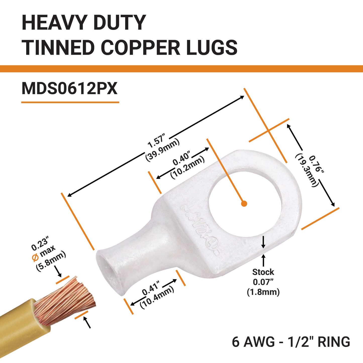6 AWG (6 Gauge) 1/2" Stud, Tinned Copper Battery Cable Ends, Wire Lugs, Marine Grade, MD0612PX