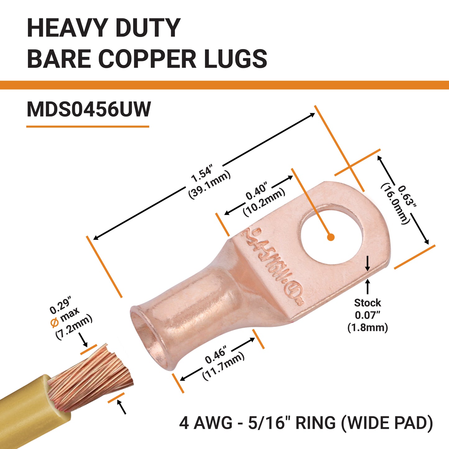 4 AWG (4 Gauge) 5/16" Stud, (Wide Pad) Bare Copper Battery Cable Ends, Wire Lugs, Heavy Duty, MD0456UW