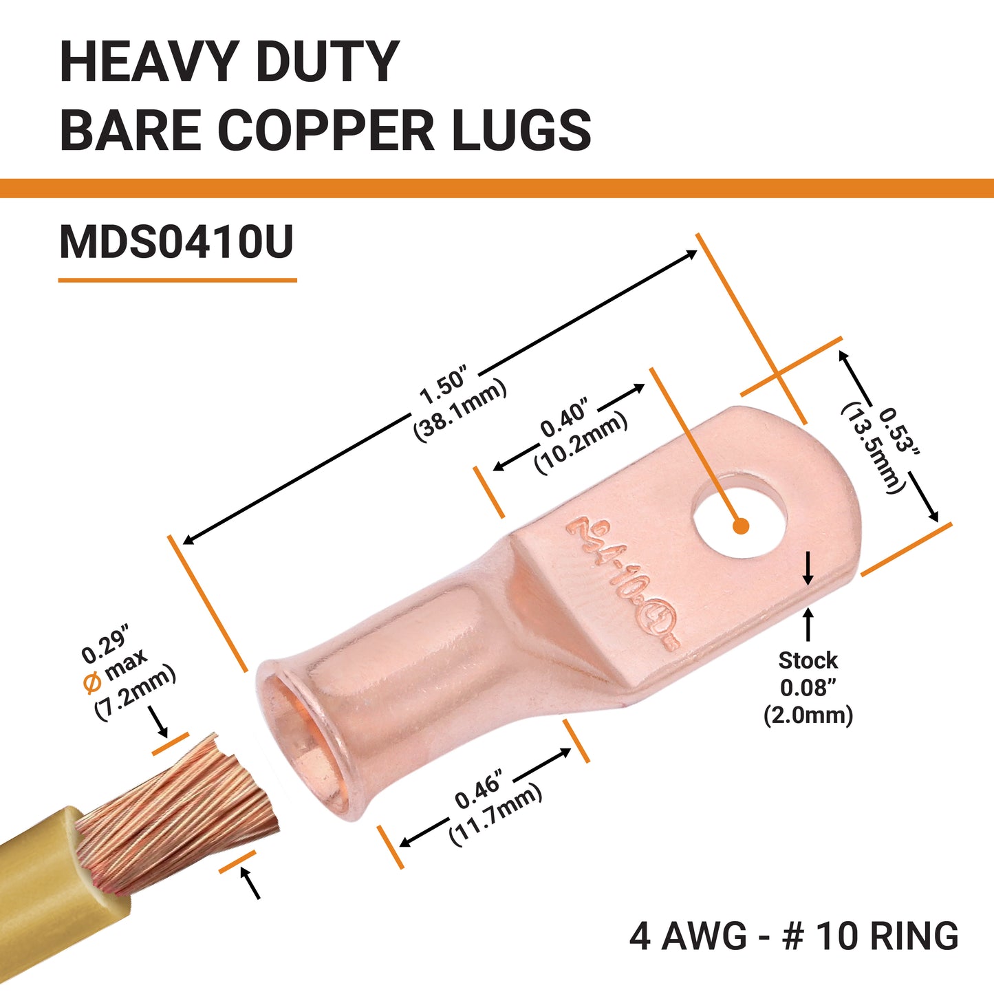4 AWG (4 Gauge) #10 Stud, Bare Copper Battery Cable Ends, Wire Lugs, Heavy Duty, MD0410U