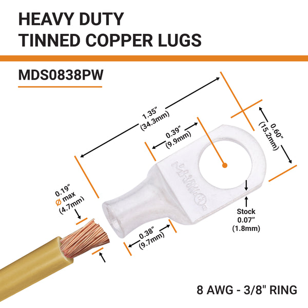 8 AWG, 3/8" Stud, Tinned Copper Battery Cable Ends, Wire Lugs, Marine Grade, MD0838PW - 2