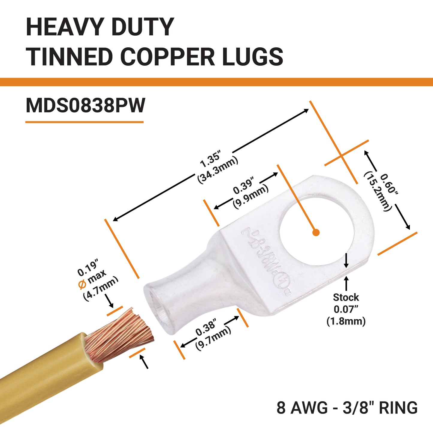 8 AWG (8 Gauge) 3/8" Stud, Tinned Copper Battery Cable Ends, Wire Lugs, Marine Grade, MD0838PW