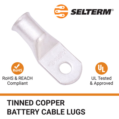 1/0 AWG (0 Gauge) 1/4" Stud, Tinned Copper Battery Cable Ends, Wire Lugs, Marine Grade, MD1014P