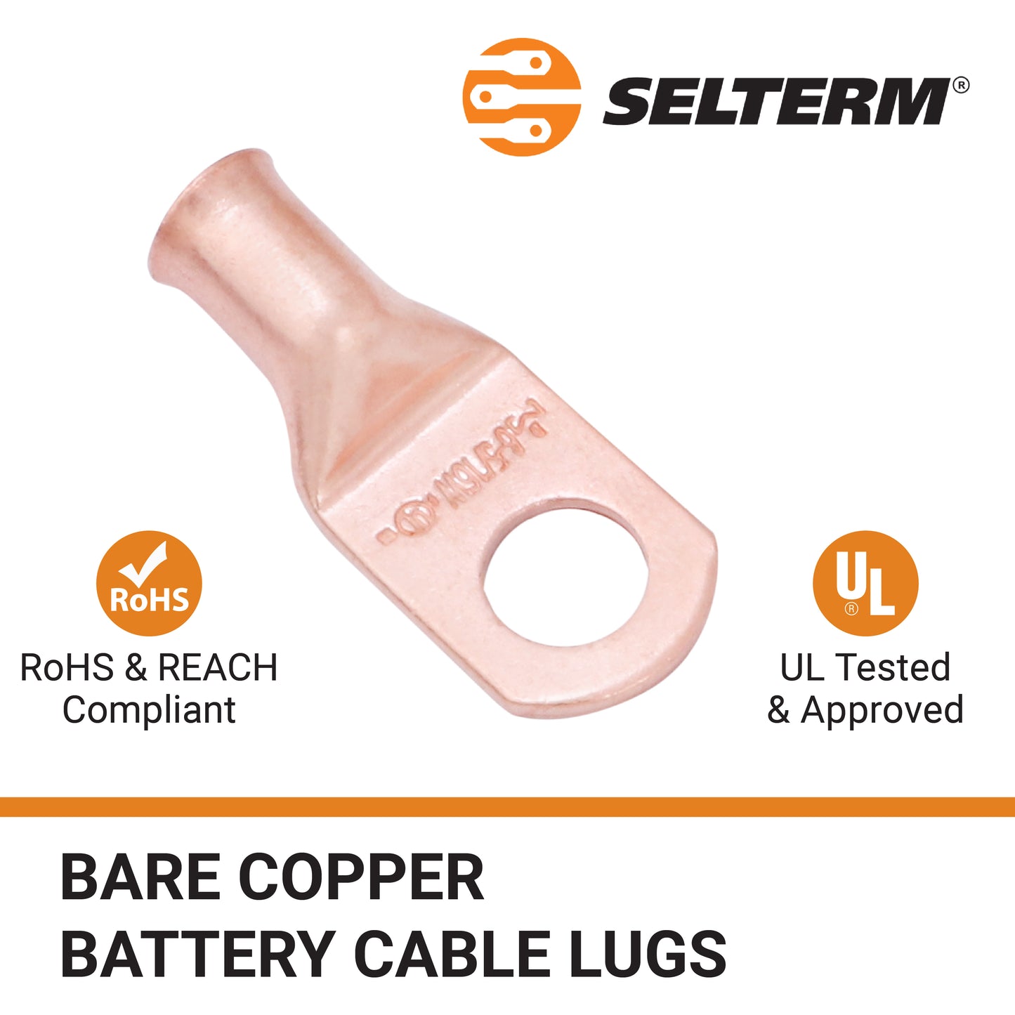 6 AWG (6 Gauge) 5/16" Stud, (Wide Pad) Bare Copper Battery Cable Ends, Wire Lugs, Heavy Duty, MD0656UW