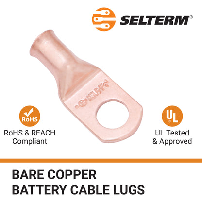 6 AWG (6 Gauge) 5/16" Stud, (Wide Pad) Bare Copper Battery Cable Ends, Wire Lugs, Heavy Duty, MD0656UW