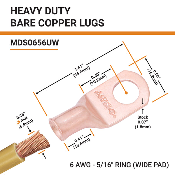 6 AWG, 5/16" Stud, (Wide Pad) Bare Copper Battery Cable Ends, Wire Lugs, Heavy Duty, MD0656UW - 2