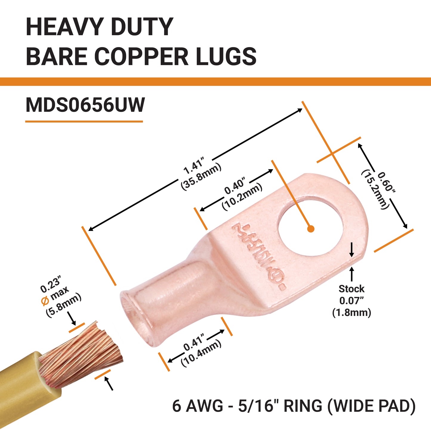 6 AWG (6 Gauge) 5/16" Stud, (Wide Pad) Bare Copper Battery Cable Ends, Wire Lugs, Heavy Duty, MD0656UW