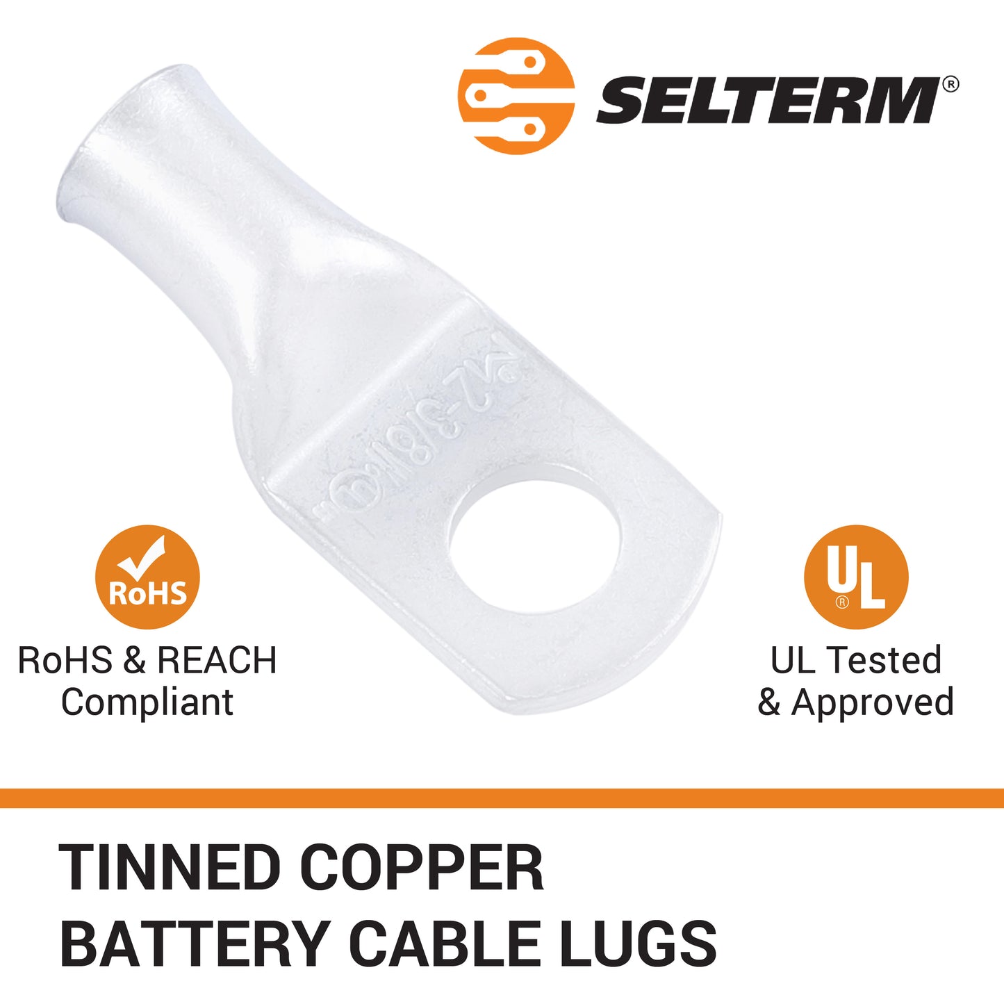 2 AWG (2 Gauge) 3/8" Stud, (Wide Pad) Tinned Copper Battery Cable Ends, Wire Lugs, Marine Grade, MD0238PW
