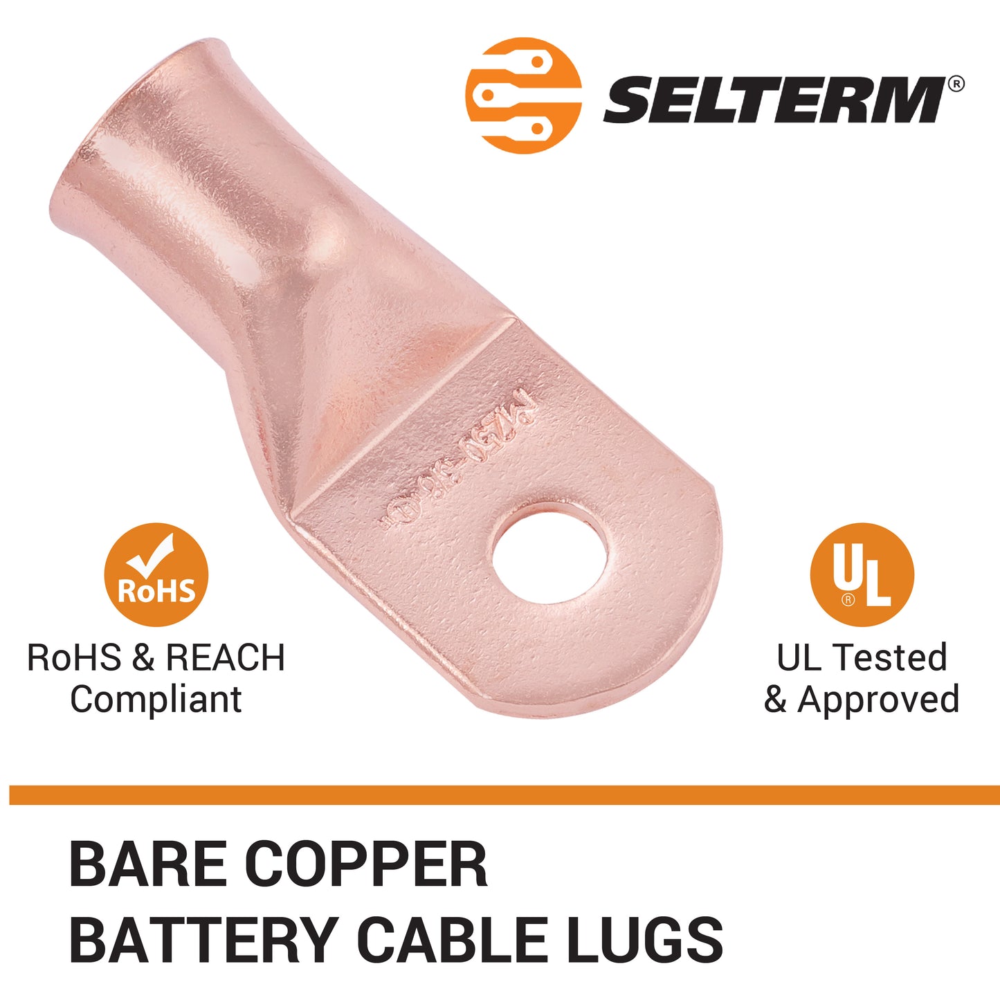 250 MCM, 3/8" Stud, Bare Copper Battery Cable Ends, Wire Lugs, Heavy Duty, MD25038U