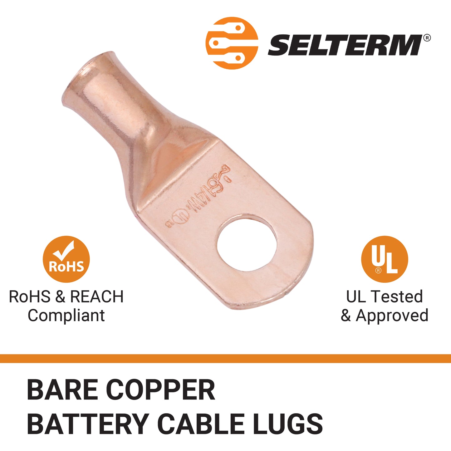 6 AWG (6 Gauge) 1/4" Stud, (Wide Pad) Bare Copper Battery Cable Ends, Wire Lugs, Heavy Duty, MD0614UW