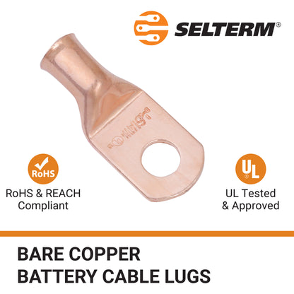 6 AWG (6 Gauge) 1/4" Stud, (Wide Pad) Bare Copper Battery Cable Ends, Wire Lugs, Heavy Duty, MD0614UW