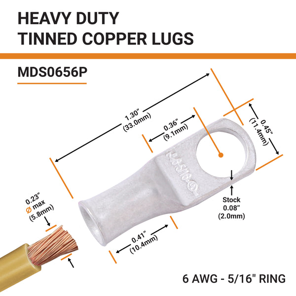 6 AWG, 5/16" Stud, Tinned Copper Battery Cable Ends, Wire Lugs, Marine Grade, MD0656P - 2
