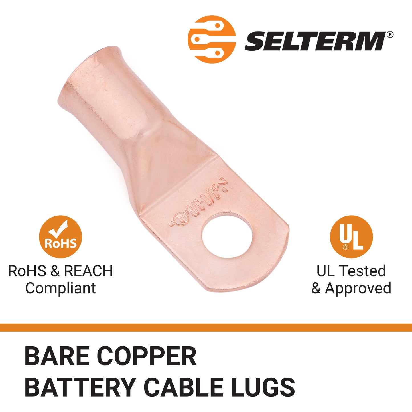3/0 AWG (000 Gauge) 3/8" Stud, Bare Copper Battery Cable Ends, Wire Lugs, Heavy Duty, MD3038U