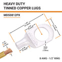 8 AWG, 1/2" Stud, Tinned Copper Battery Cable Ends, Wire Lugs, Marine Grade, MD0812PX - 2