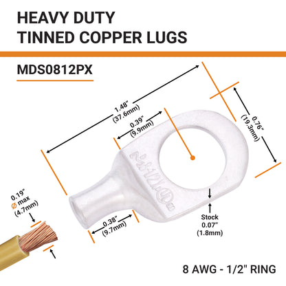 8 AWG (8 Gauge) 1/2" Stud, Tinned Copper Battery Cable Ends, Wire Lugs, Marine Grade, MD0812PX
