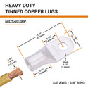4/0 AWG, 3/8" Stud, Tinned Copper Battery Cable Ends, Wire Lugs, Marine Grade, MD4038P - 2