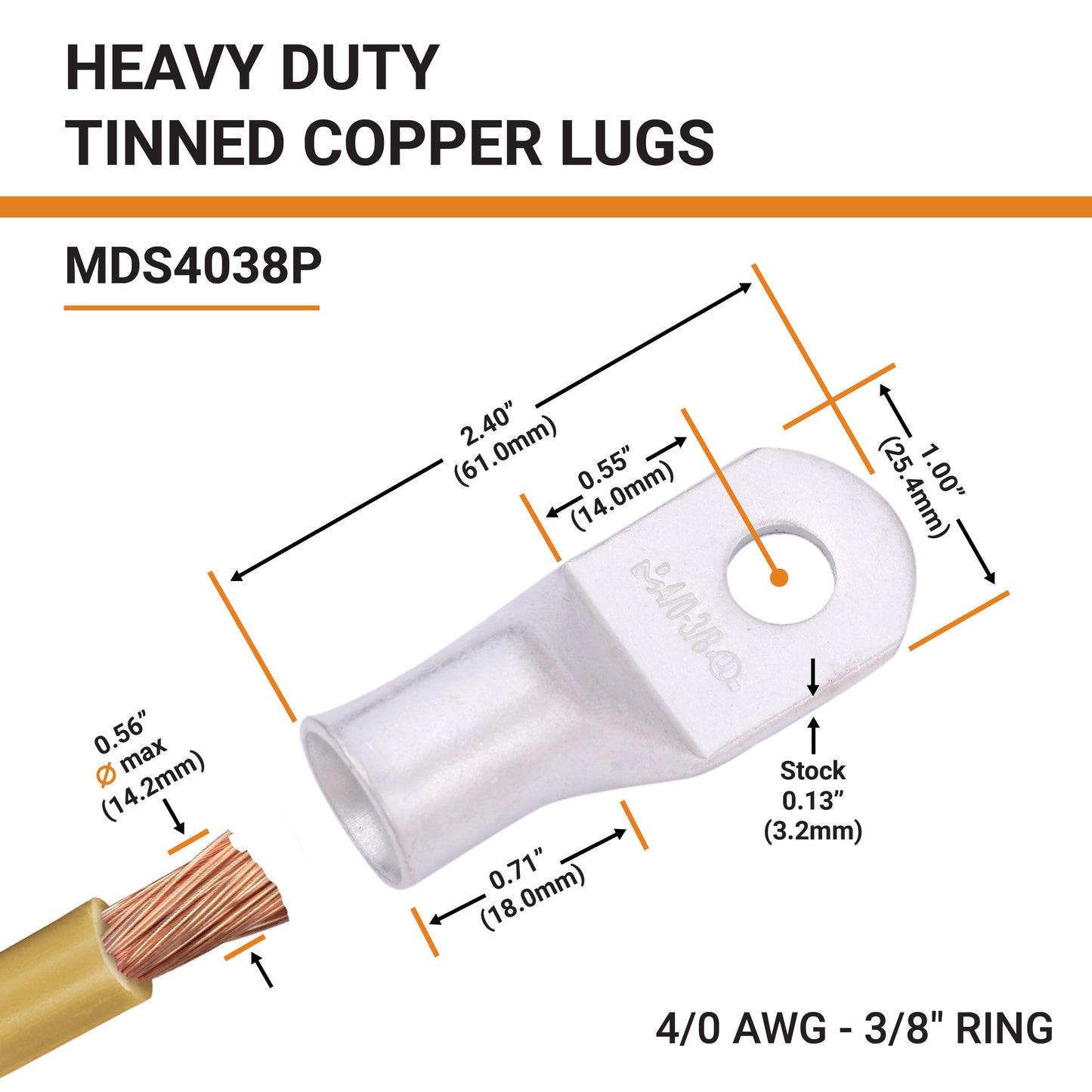 4/0 AWG (0000 Gauge) 3/8" Stud, Tinned Copper Battery Cable Ends, Wire Lugs, Marine Grade, MD4038P