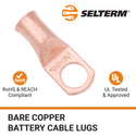 1/0 AWG, 1/2" Stud, Bare Copper Battery Cable Ends, Wire Lugs, Heavy Duty, MD1012U - 3