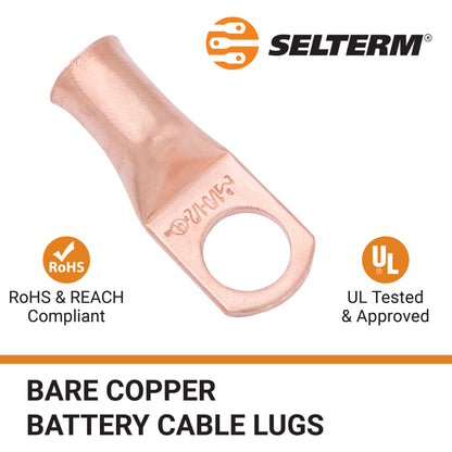 1/0 AWG (0 Gauge) 1/2" Stud, Bare Copper Battery Cable Ends, Wire Lugs, Heavy Duty, MD1012U