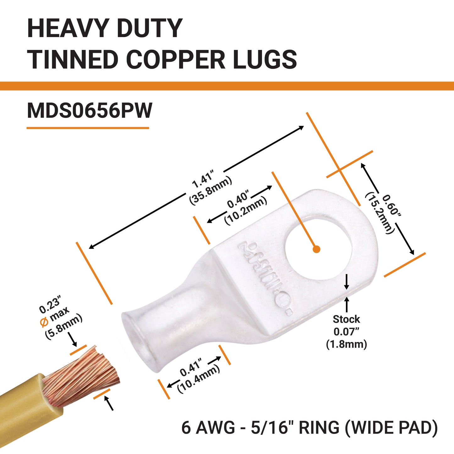 6 AWG (6 Gauge) 5/16" Stud, (Wide Pad) Tinned Copper Battery Cable Ends, Wire Lugs, Marine Grade, MD0656PW