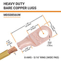 8 AWG, 5/16" Stud, (Wide Pad) Bare Copper Battery Cable Ends, Wire Lugs, Heavy Duty, MD0856UW - 2