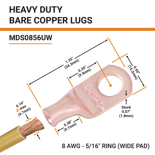 8 AWG, 5/16" Stud, (Wide Pad) Bare Copper Battery Cable Ends, Wire Lugs, Heavy Duty, MD0856UW - 2