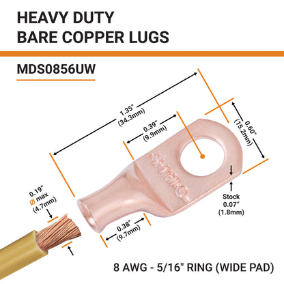 8 AWG (8 Gauge) 5/16" Stud, (Wide Pad) Bare Copper Battery Cable Ends, Wire Lugs, Heavy Duty, MD0856UW