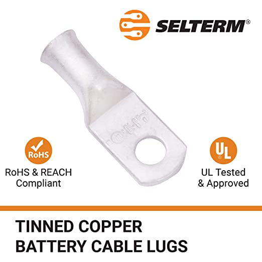 8 AWG (8 Gauge) #10 Stud, Tinned Copper Battery Cable Ends, Wire Lugs, Marine Grade, MD0810P