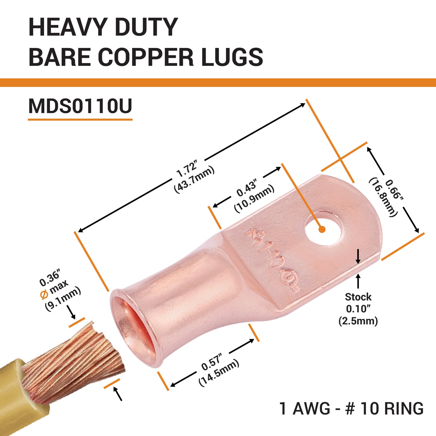 1AWG (1 Gauge) #10 Stud, Bare Copper Battery Cable Ends, Wire Lugs, Heavy Duty, MD0110U