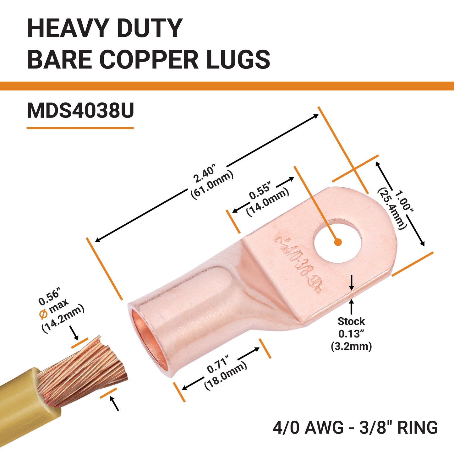 4/0 AWG (0000 Gauge) 3/8" Stud, Bare Copper Battery Cable Ends, Wire Lugs, Heavy Duty, MD4038U