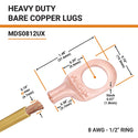 8 AWG, 1/2" Stud, Bare Copper Battery Cable Ends, Wire Lugs, Heavy Duty, MD0812UX - 2