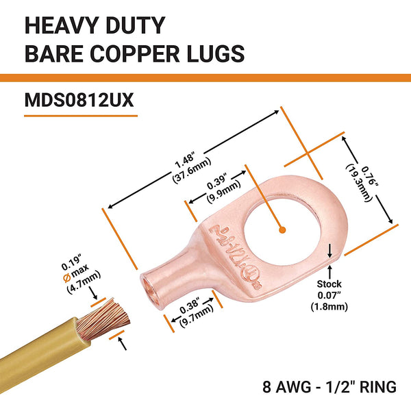 8 AWG, 1/2" Stud, Bare Copper Battery Cable Ends, Wire Lugs, Heavy Duty, MD0812UX - 2