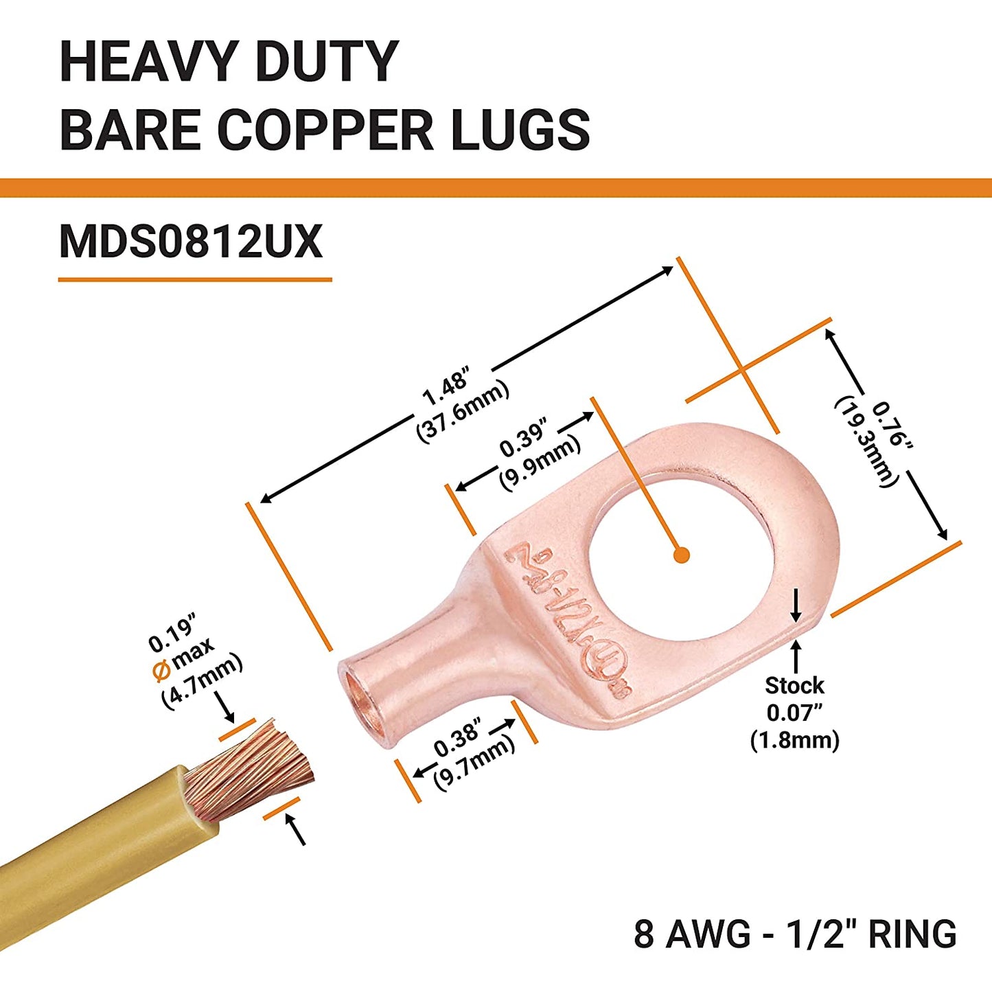 8 AWG (8 Gauge) 1/2" Stud, Bare Copper Battery Cable Ends, Wire Lugs, Heavy Duty, MD0812UX
