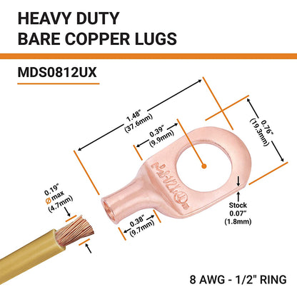 8 AWG (8 Gauge) 1/2" Stud, Bare Copper Battery Cable Ends, Wire Lugs, Heavy Duty, MD0812UX
