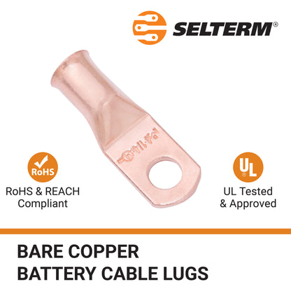 4 AWG (4 Gauge) 1/4" Stud, Bare Copper Battery Cable Ends, Wire Lugs, Heavy Duty, MD0414U
